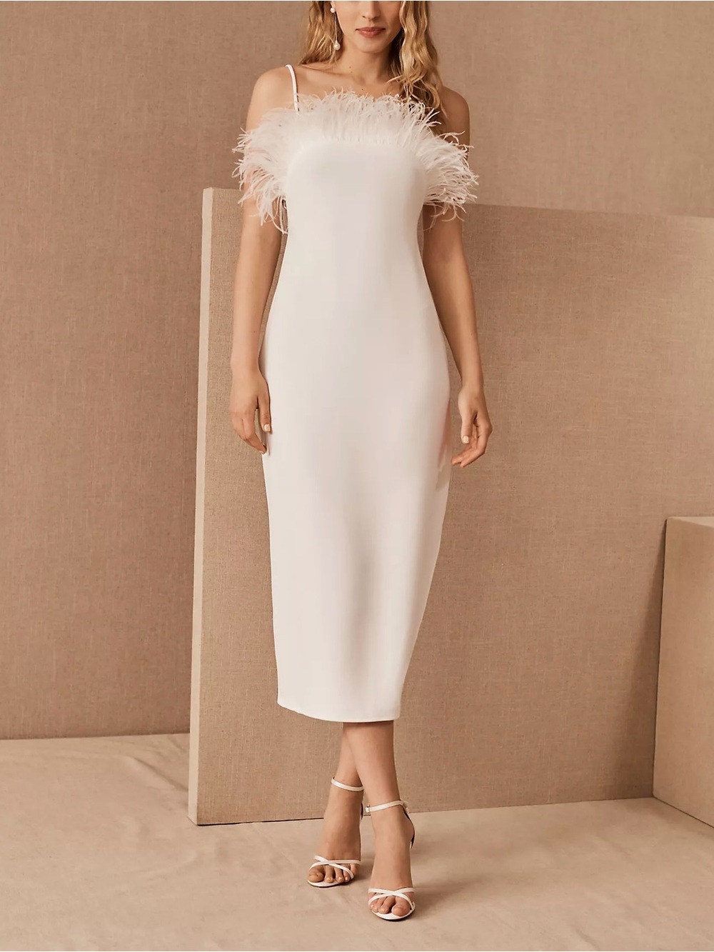 Elliatt Feather Trim Midi Dress Ivory White Square Neck Slip Dress Size L